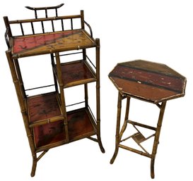 Vintage Bamboo Octagonal Side Table & Etagere (2-Piece Set)
