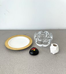 VNTG Copeland's China Plate, Lotus Candle Holder, Ceramic Owl, Handpainted Rock (4-Piece Set)