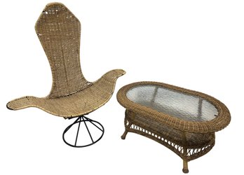 Wave Swivel Chair & Oval Wicker Coffee Table (2-Piece Set)