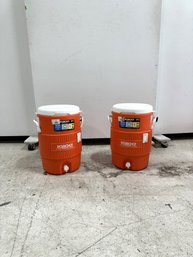 Pair Of Orange Igloo 5-Gallon Seat Top Water Jugs With Dispenser (set Of 2)