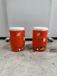 Pair Of Orange Home Depot 5-Gallon Seat Top Beverage Jug Coolers With Dispenser (set Of 2) #1