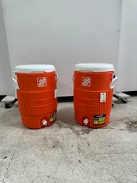 Pair Of Orange Home Depot 5-Gallon Seat Top Beverage Jug Coolers With Dispenser (set Of 2) #2