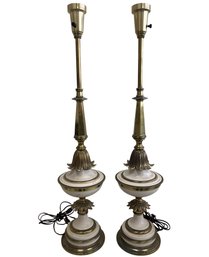 Vintage Hollywood Recency Brass Torchiere Table Lamps (Set Of 2)