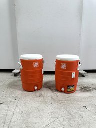 Pair Of Orange Home Depot 5-Gallon Seat Top Beverage Jug Coolers With Dispenser (set Of 2) #3