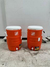 Pair Of Orange Home Depot 5-Gallon Seat Top Beverage Jug Coolers With Dispenser (set Of 2) #4