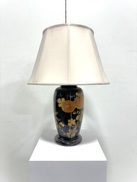 Vintage Black Ceramic Table Lamp With Gold Floral Motifs