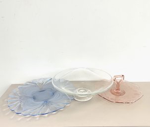 Vintage Cambridge Blue Footed Platter, Glass Pedestal Bowl & Pink Etched Platter (3-piece Set)