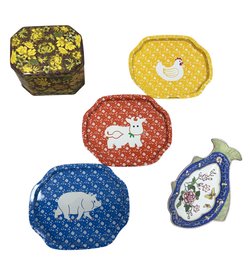 Vintage Farm Animal Tin Trays, Fish Dish, & Hexagonal Tin Box (5-Piece Set)
