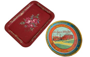 Vintage Red Floral Toleware Tray & Utica Club Round Beer Tray (2-Piece Set)