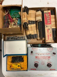 LOT OF HO SCALE TRACK, ENGINES, CONTROLLER, WIRES, ETC