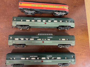 4 METAL PASSENGER CARS - AC GILBERT - NORTHERN PACIFIC - CENTRAL VALLEY