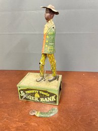 RARE VINTAGE TIN WIND UP TOY 1918 STRAUSS 'THRIFTY TOM' JIGGER BANK