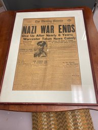 FRAMED EVENING GAZETTE NEWSPAPER 5/7/45 - WORCESTER, MA