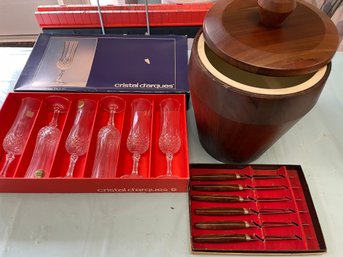 WALNUT ICE BUCKET, SHEFFIELD CUTLERY, LEAD CRYSTAL GOBLETS