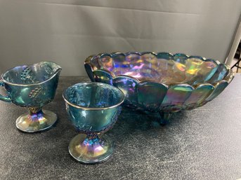 VINTAGE INDIANA BLUE CARNIVAL GLASS GRAPE FOOTED BOWL SUGAR/CREAMER