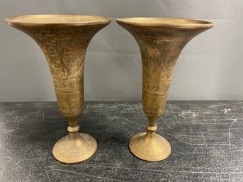 2 BRASS ENGRAVED VASES