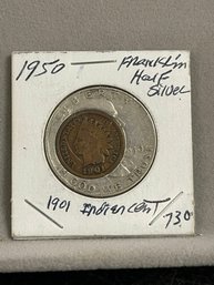 1950 FRANKLIN SILVER HALF DOLLAR W/1901 INDIAN HEAD PENNY