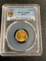 1873 GOLD QUARTER EAGLE OPEN 3 $2.50 PCGS AU58