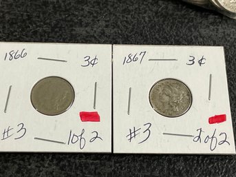 2 US 3-CENT COINS 1866/1867