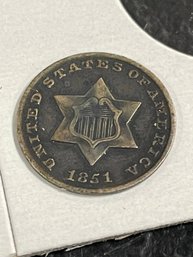 1851 SILVER TRIME 3-CENT PIECE