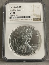 2021 NGC MS70 HERALDIC EAGLE T-1 AMERICAN EAGLE SILVER DOLLAR