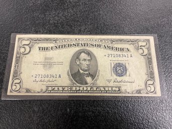 1953-A BLUE SEAL $5 STAR NOTE