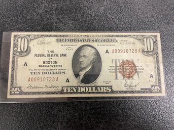 $10 FEDERAL RESERVE BANK BOSTON BROWN SEAL 1929