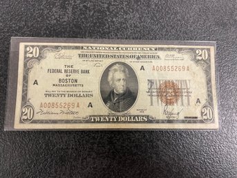 1929 FED BANK BOSTON BROWN SEAL $20 NOTE US CURRENCY