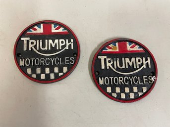 LOT OF 2 TRIUMPH CAST METAL MOTORCYCLE PLAQUES