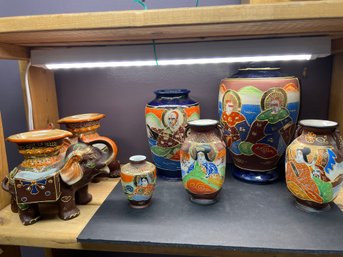 SATSUMA LOT - INCLUDES 2 RARE ELEPHANT ASHTRAYS W/hOLDERS