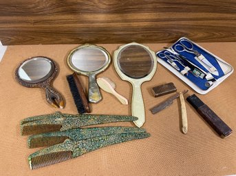 VANITY ITEMS - MIRRORS, VINTAGE COMBS, RAZOR, ETC