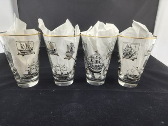 MCM Libbey Curio Ships Pint Glasses (set Of 4)