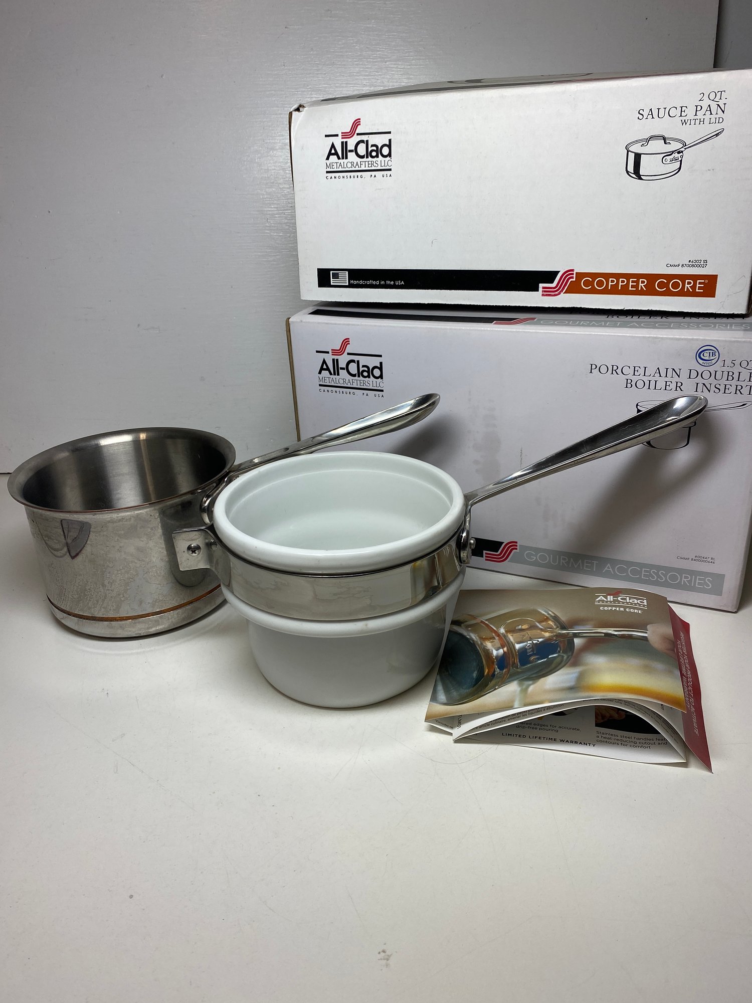 All-clad Copper Core 2 Quart Sauce Pan With 1.5 Quart Porcelain Double ...