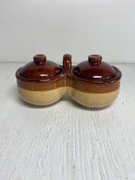 Vintage Brown And Beige Stoneware Double Condiment Dish Roughly 3.5 Inches Tall