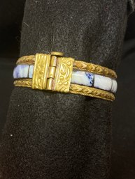 Brass/mother Of Pearl Clamp Bangle Bracelet