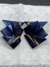 Vintage Glass Blue Metallic Clip On Earrings