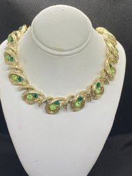 Vintage Coro Adjustable Gold Tone Necklace With Green Rhinestones