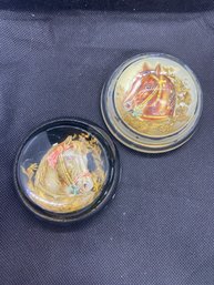 Set Of 2 Vintage Hand Painted Domed Glass Horse Paperweight