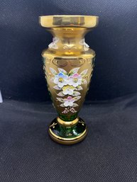 5.5 In Bohemia Glass Green/ Gold Ornate Flower Vase