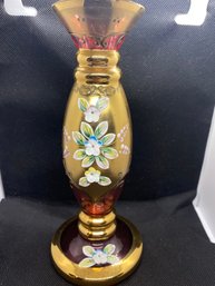8 Inch Bohemia Glass Pink Ornate Golden Embellished Floral Vase