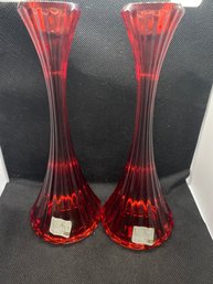 Set Of 2 Mikasa Red Glass 8 Inch Taper Candle Holders