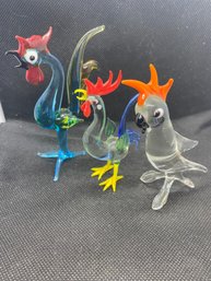 Lot Of 3 Art Glass Chicken/Rooster Figurines