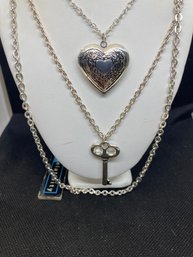 Women's New With Tags Relativity Silver Tone Key And Heart Locket Multi Chain Necklace