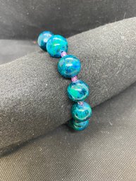 Women's Blue And Green Marbled Wooden Bead Bracelet