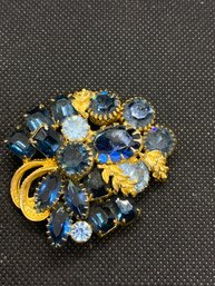 Women's Vintage Gold Tone And Blue Gemstone 2' Brooch Pin