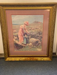 27.25x32.25' Mother And Child In Sheep Pasture Print Wall Hanging In Wooden Frame