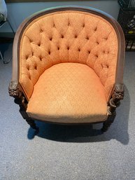 32.5' Vintage Pink Leaf Patterned Upholstered Carved Wood Chair On Wheels