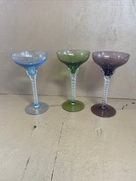 Set Of 3 Jewel Colored Twisted Glass Cocktail Glasses