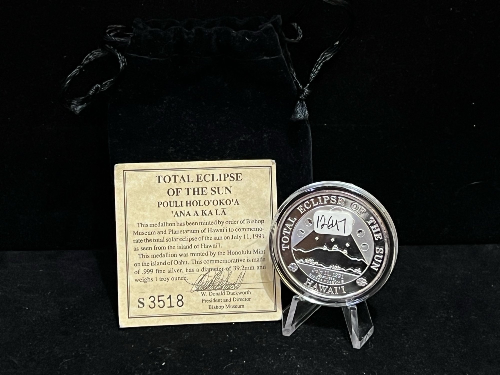 1991 Hawaii Total Solar Eclipse One Troy Ounce .999 Fine Silver