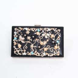 Vintage Black Box Clutch Gold Floral Vine Leaf Rhinestone Prom Cocktail Handbag